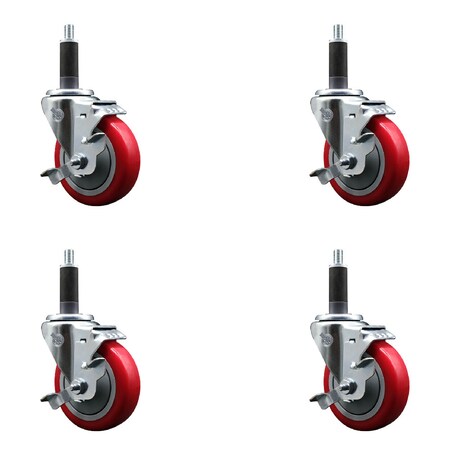 Service Caster 4'' SS Red Poly Swivel 1'' Expanding Stem Caster Set with Brake, 4PK SCC-SSEX20S414-PPUB-RED-TLB-1-4